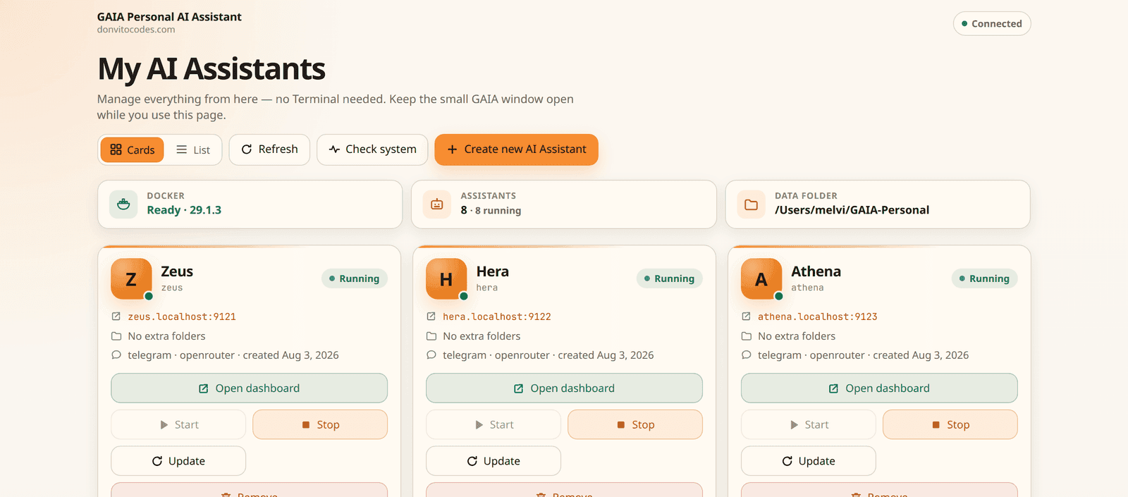 GAIA dashboard showing eight AI agents running on one computer
