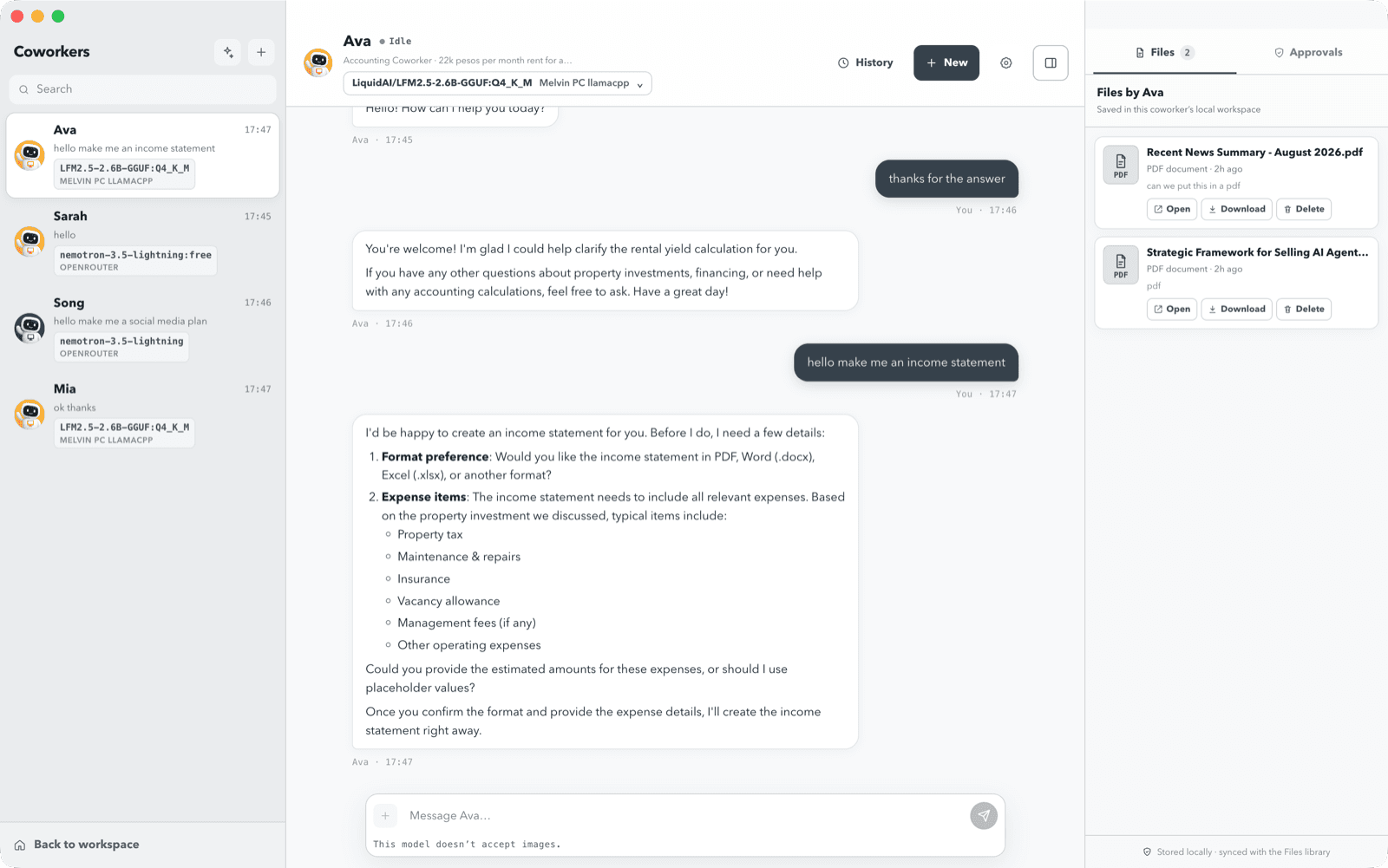 Coworker chat with an AI coworker showing the conversation, model selector, and the files it created in its workspace