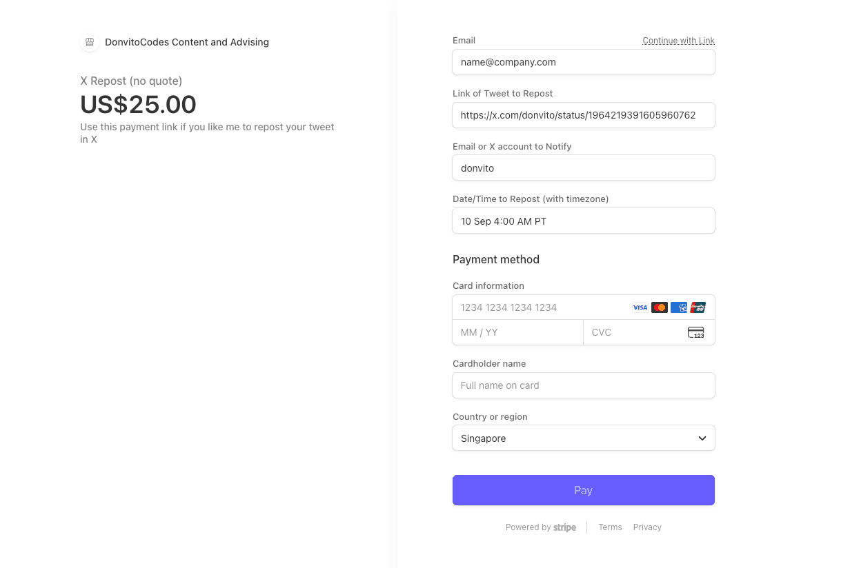 Stripe payment link for X repost service