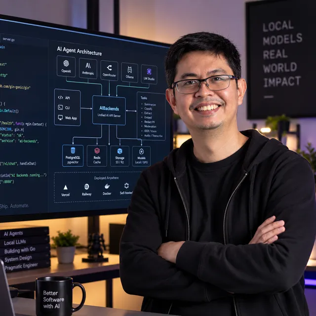Melvin Vivas at his desk in front of an AI agent architecture diagram